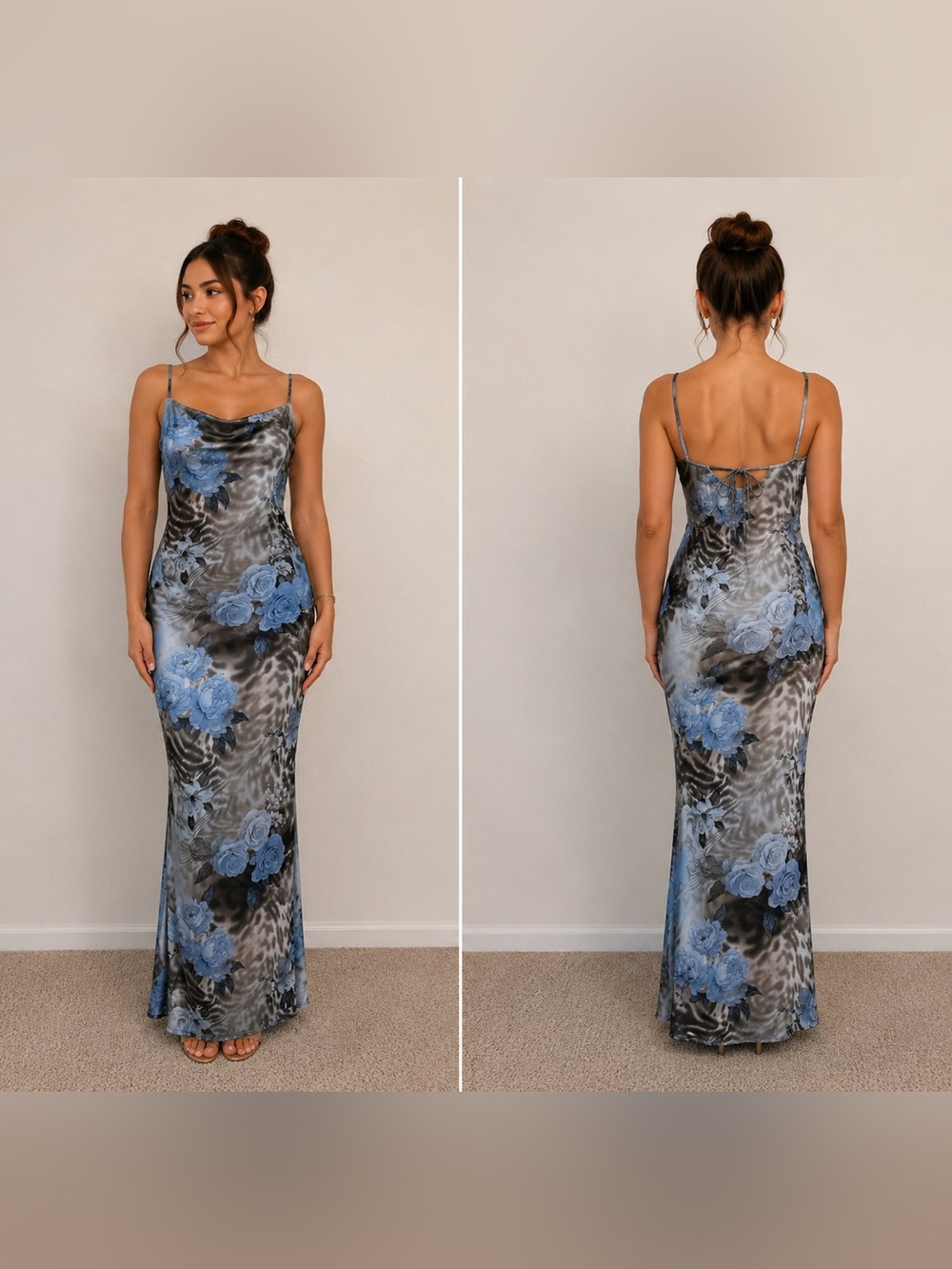 Brand New Blue Gray Floral Maxi Dress – Satin Mesh Cami Slip Dress
